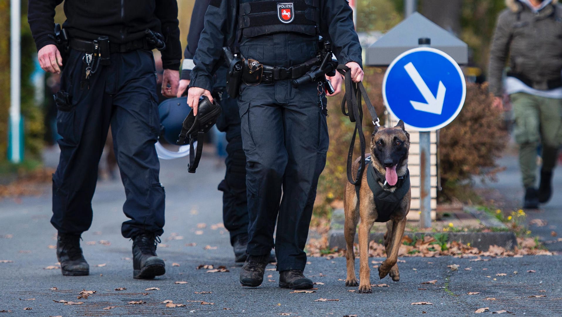 Polizisten und Polizeihund: In Raunheim hat ein Polizeihund einen Flüchtigen gefunden. (Symbolbild)