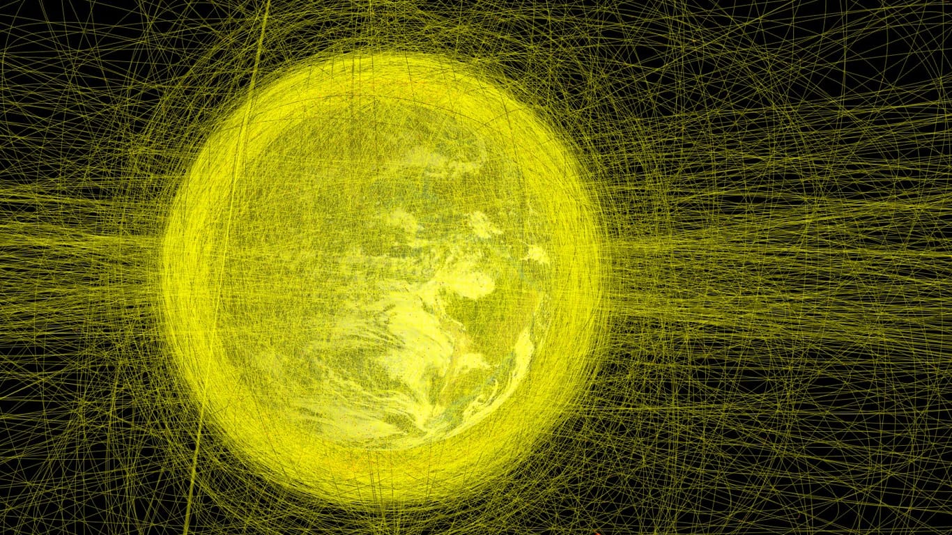 Computervisualisierung von Weltraumschrott: Mehr als 23.000 Teilchen mit einer Größe von mehr als 10 Zentimetern rasen um unseren Planeten.