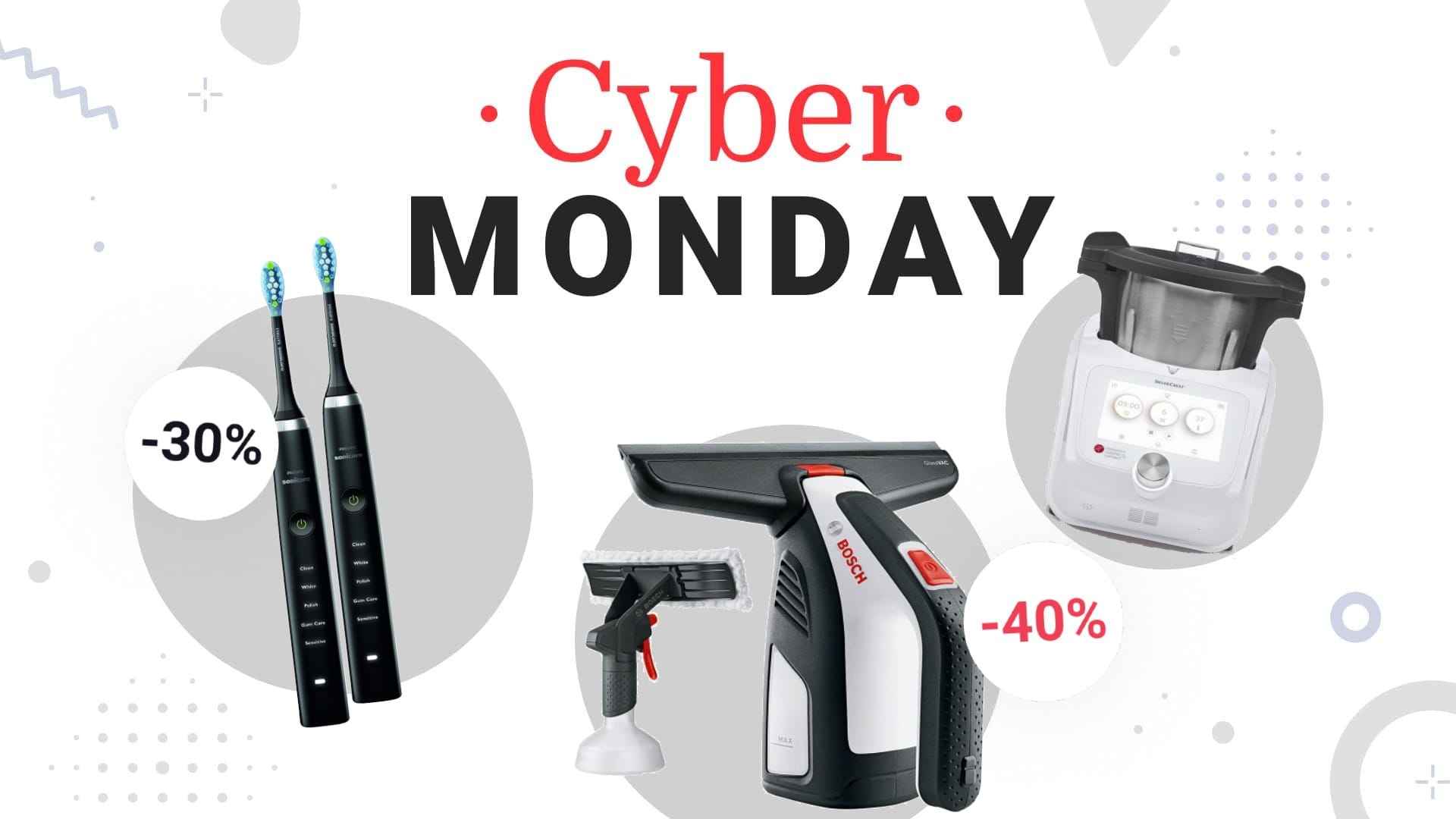 Die besten Haushalts-Deals am Cyber Monday: Bosch Akku-Fenstersauger, Thermomix-Alternative Monsieur Cuisine Connect bei Lidl und Philips Sonicare Diamond Clean Schallzahnbürste.