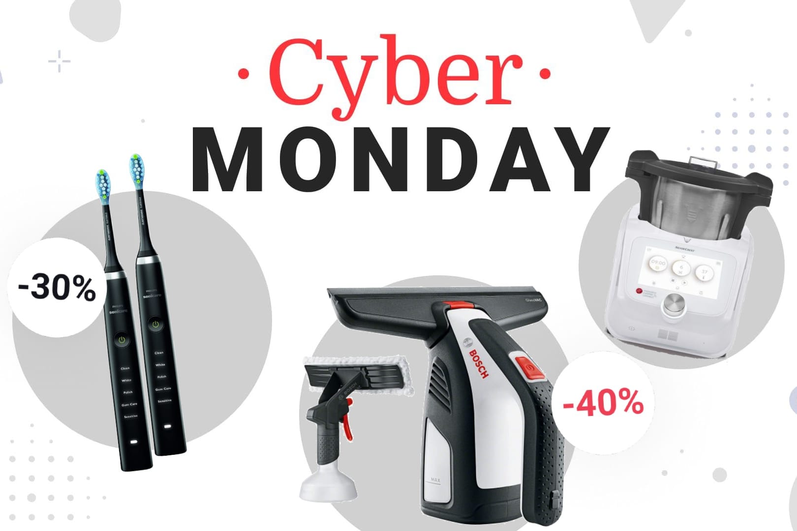 Die besten Haushalts-Deals am Cyber Monday: Bosch Akku-Fenstersauger, Thermomix-Alternative Monsieur Cuisine Connect bei Lidl und Philips Sonicare Diamond Clean Schallzahnbürste.