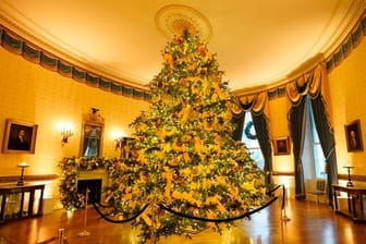 Ein großer Weihnachtsbaum im festlich dekorierten Blauen Raum (Blue Room) des Weißen Hauses.