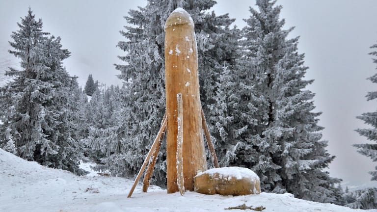 Phallus-Skulptur in den Allgäuer Alpen: Der Besitzer der gestohlenen Skulptur hat sich bislang nicht bei der Polizei gemeldet.