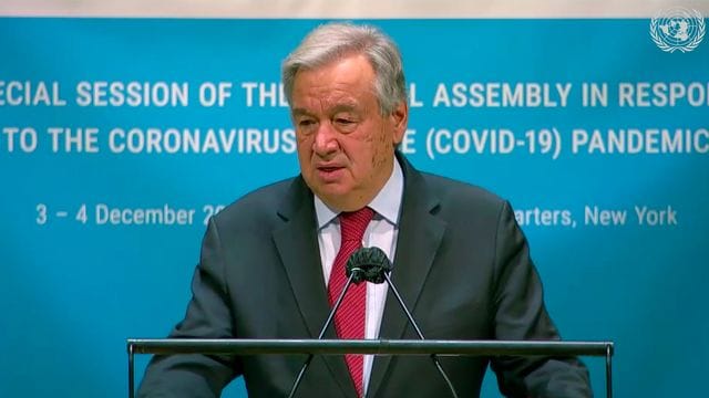 UN-Generalsekretär Antonio Guterres während der Sondersitzung der Vollversammlung der Vereinten Nationen zur aktuellen Corona-Lage. UN-Generalsekretär Antonio Guterres während der Sondersitzung der Vollversammlung der Vereinten Nationen zur aktuellen Corona-Lage.