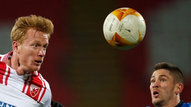 Hoffenheims Andrej Kramaric (r) und Belgrads Radovan Pankov kämpfen um den Ball. Hoffenheims Andrej Kramaric (r) und Belgrads Radovan Pankov kämpfen um den Ball.