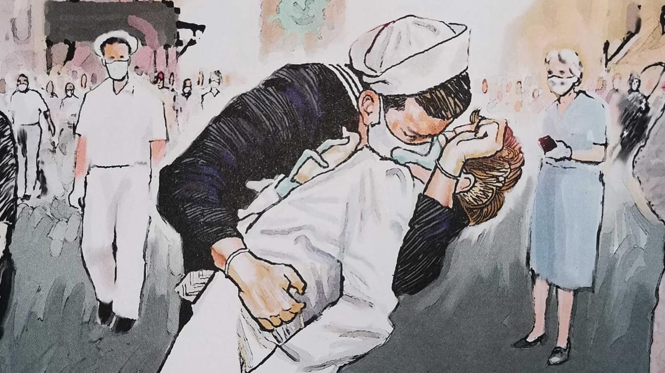 "The Reopening" von J.D. Crowe aus den USA: Die Zeichnung zeigt eine berühmte Szene, einen Kuss in New York, aber mit Mund-Nasen-Schutz.