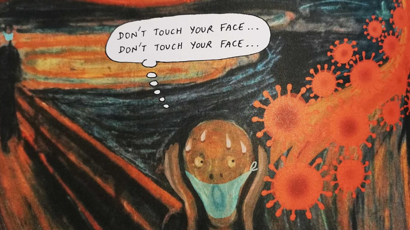 Karikatur des Originalbildes "Der Schrei" von Edvard Munch: Stephane Peray aus Frankreich betitelte sein Bild als "Corona-Schrei". (In der Sprechblase steht: "Fass Dir nicht ins Gesicht")