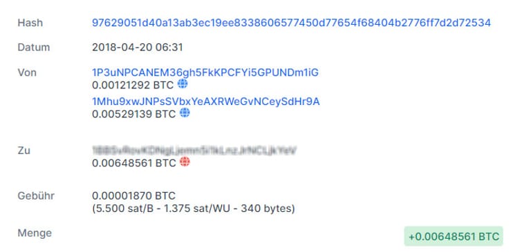 Umgerechnet rund 100 Euro: Die Spende des australischen Terroristen an die Identitäre Bewegung in Deutschland am 20. April. Über diese Wallet flossen seit August 2017 nach heutigem Kurs 55.000 Euro. Ein zweites Bitcoin-Konto, das aktuell für Spenden angegeben wird, weist seit November 2017 Transaktionen über 100.000 Euro aus.