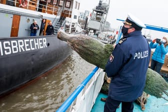 Ein Weihnachtsbaum wird im Hafen auf den Eisbrecher Stettin überreicht: Trotz Corona und bei typisch norddeutschem Schmuddelwetter wird die Tradition nicht gebrochen.