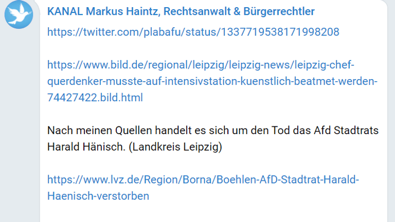 Telegram-Posting von Markus Haintz (Screenshot): Der Anwalt der Querdenker-Bewegung hat geschrieben, dass Hänsch an den Folgen einer Covid-19-Erkrankung gestorben ist.