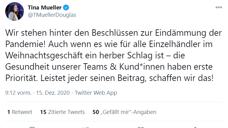 Douglas-Chefin Tina Müller hatte noch am Dienstag getwittert, sie unterstütze den Lockdown.