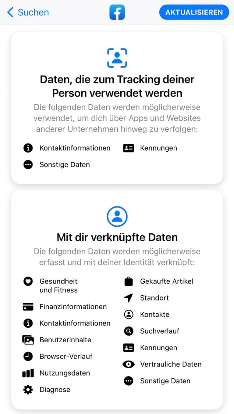 Das iOS-Datenschutz-Label der Facebook-App