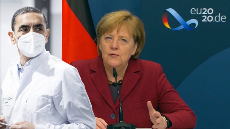 Angela Merkel bei einer Schalte mit dem deutschen Impfstoffhersteller Biontech: Die Kanzlerin sei "mächtig stolz" auf das Mainzer Unternehmen.
