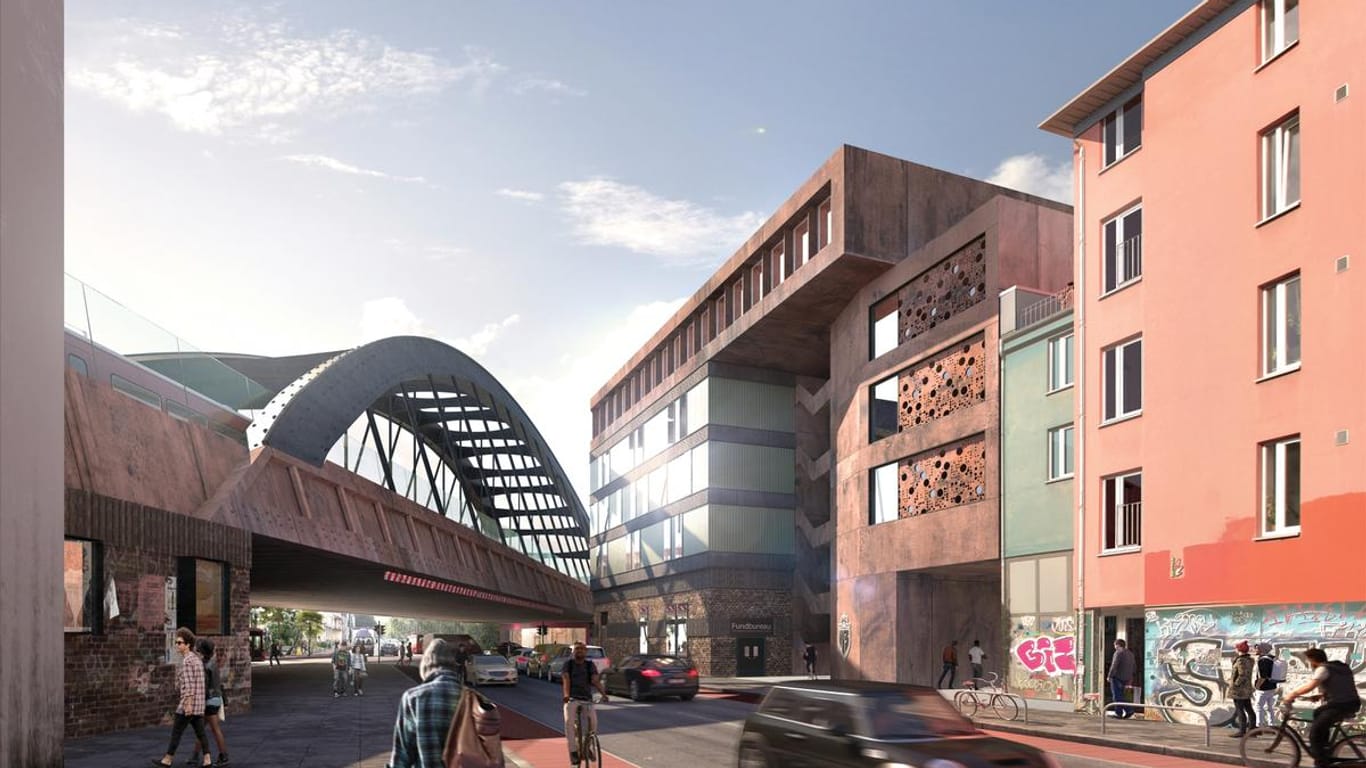 Visualisierung der neuen Brücke mit Clubhaus in Richtung Max-Brauer-Allee: Das Gebäude soll Nachtleben und Kultur vereinen.