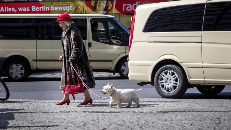 Eine Frau geht mit ihrem Hund vor einem Taxi (Symbolbild): Die FDP fordert Taxi-Gutscheine für Risikogruppen.