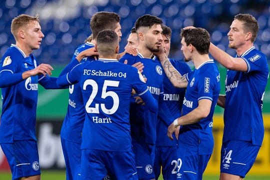 Die Schalker Mannschaft bejubelt das Führungstor von Suat Serdar (M).