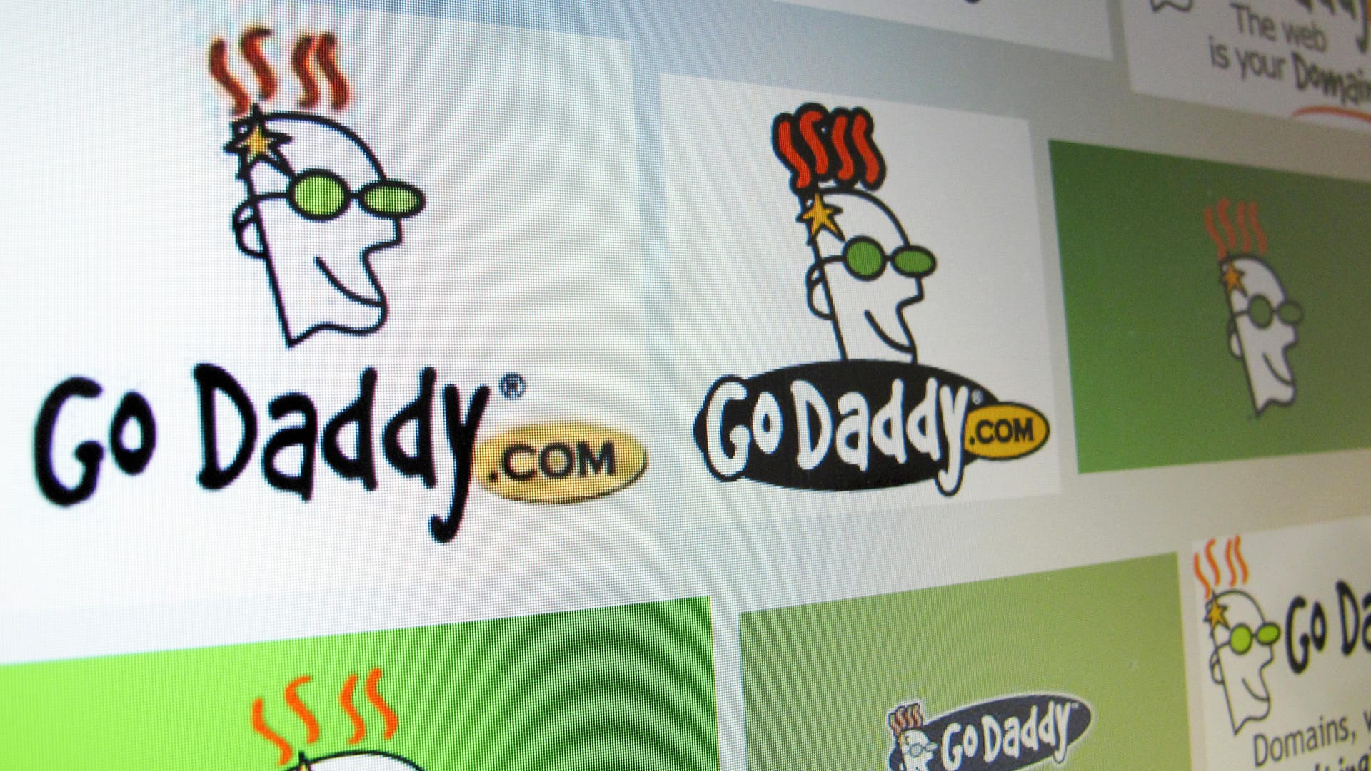 Logos der Internetfirma GoDaddy auf einem Bildschirm: Die US-Firma hat ihren Mitarbeitern eine fiese Phishing-Mail geschickt.