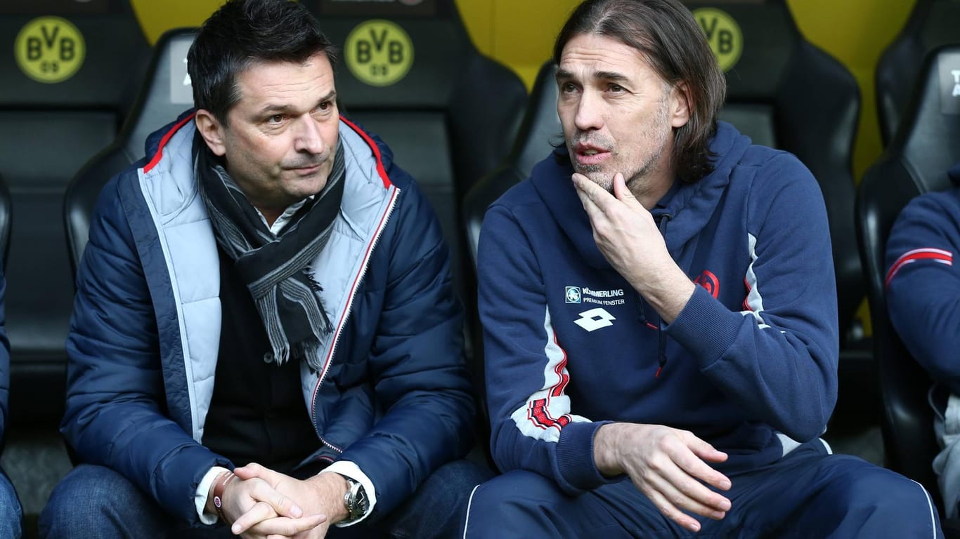 Saison 2015/2016: Mainz-Manager Christian Heidel (li.) mit dem damaligen Trainer Martin Schmidt beim Auswärtsspiel in Dortmund.