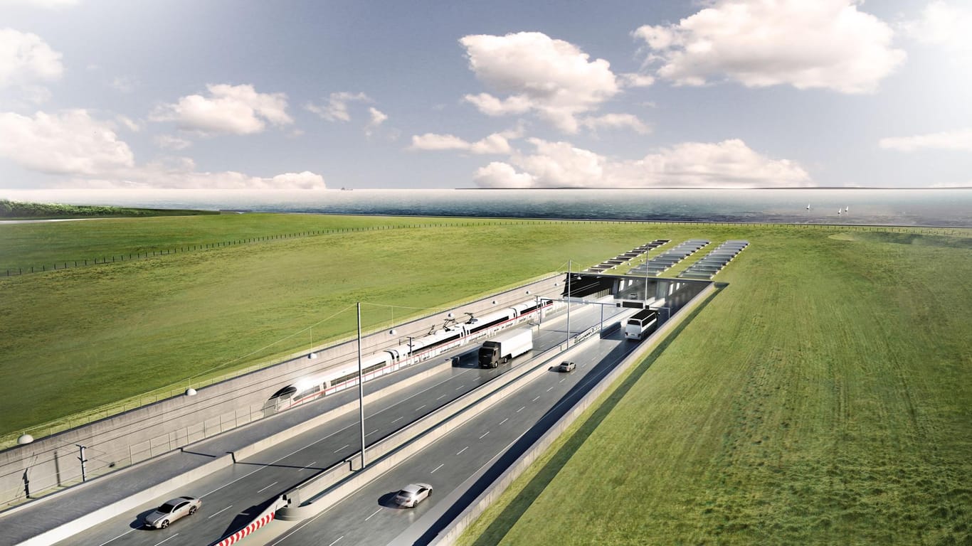 Fehmarnbeltquerung: Eine Visualisierung zeigt den geplanten Fehmarnbelt-Tunnel zwischen Deutschland und Dänemark.