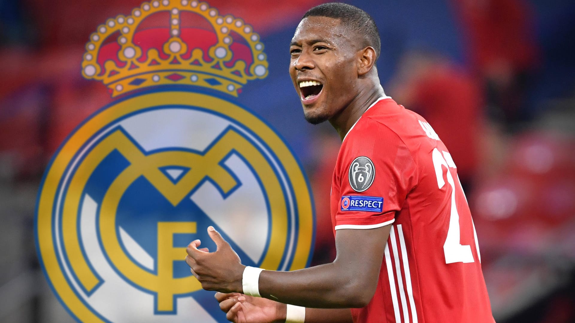 David Alaba vor dem Logo von Real Madrid (Fotomontage): Der Bayern-Spieler wird mit einem Wechsel nach Spanien in Verbindung gebracht.