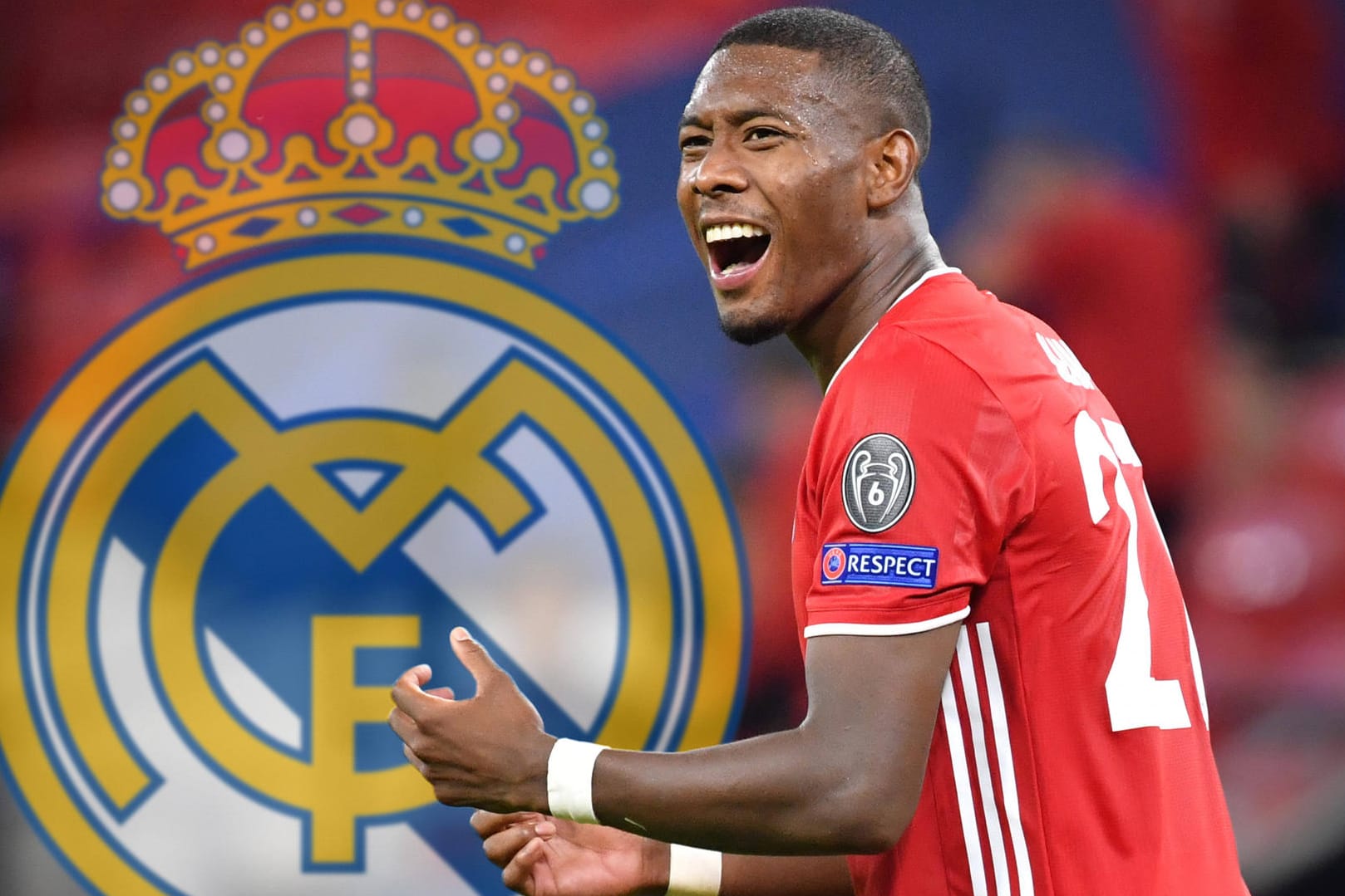 David Alaba vor dem Logo von Real Madrid (Fotomontage): Der Bayern-Spieler wird mit einem Wechsel nach Spanien in Verbindung gebracht.