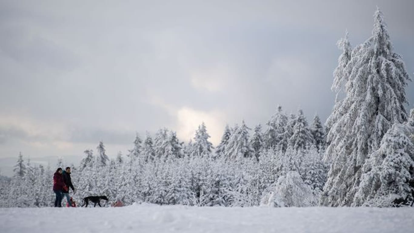 Spaziergänger gehen durch eine verschneite Winterlandschaft