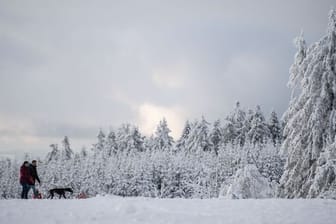 Spaziergänger gehen durch eine verschneite Winterlandschaft