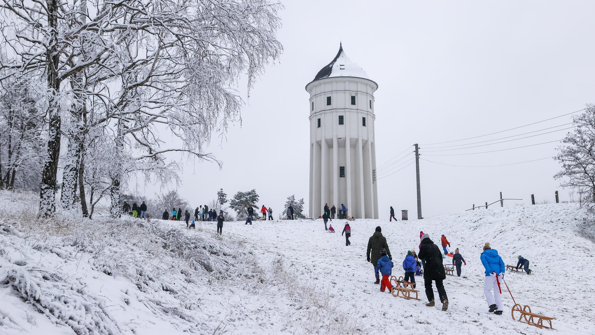 Zahlreiche Menschen sind mit dem Schlitten auf dem Wachberg unterwegs: Über Nacht sind in Leipzig mehrere Zentimeter Schnee gefallen.