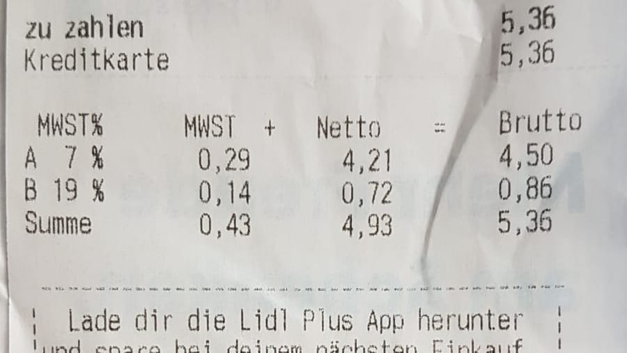 Lidl-Einkaufszettel: Seit Januar gilt wieder der Mehrwertsteuersatz von 19 Prozent.