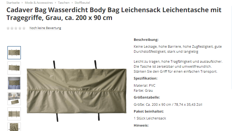 Leichensack auf real.de: Die Seite ist ein Online-Marktplatz, diese Artikel werden also von Händlern über diese Seite gekauft. Mit dem Sortiment in Supermärkten hat das nichts zu tun.