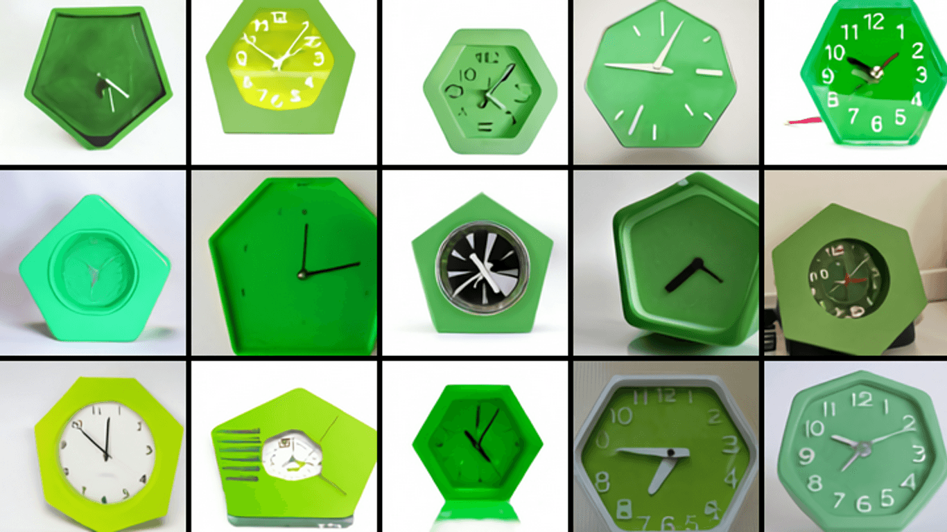 Screenshot: Die Bilder dieser grünen fünfeckigen Uhr wurden nicht von Menschenhand erstellt.