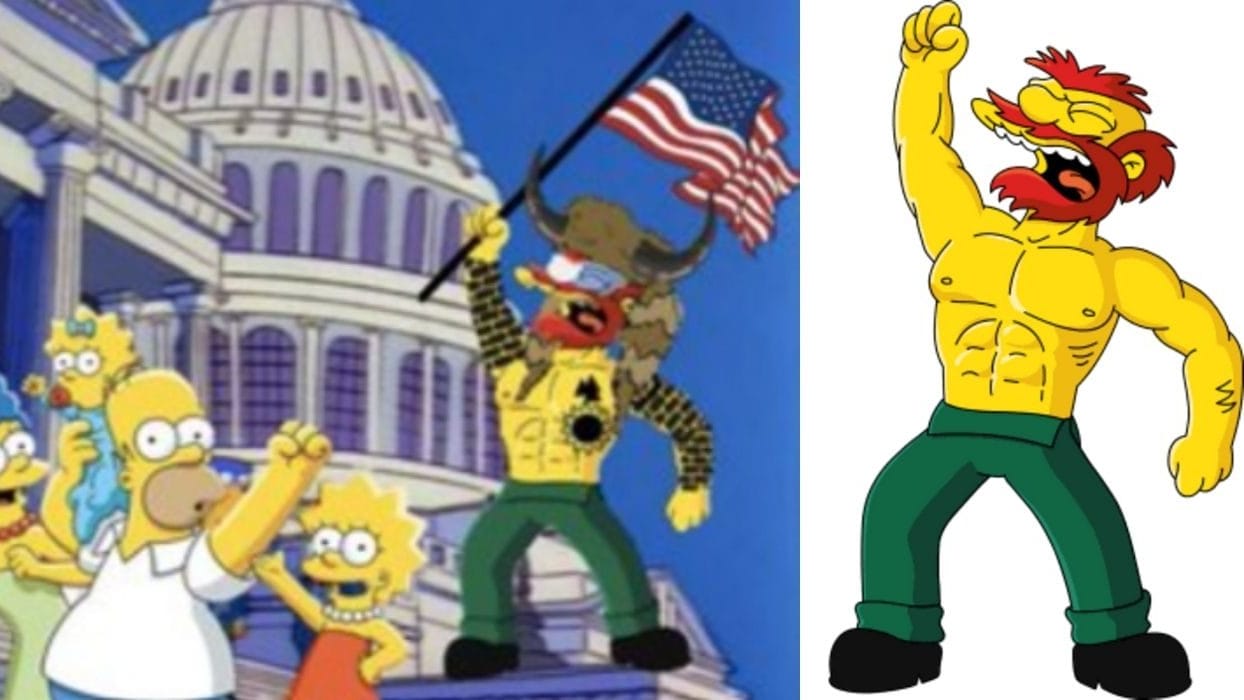 Prophetische Simpsons? MIt dem Bild wird behauptet, in der Serie sei die Szene vorhergesagt worden, in der der "Q-Schamane" ins Kapitol eindringt: Doch das Bild ist eine neue Bearbeitung. Die Simpsons hatten den Sturm in das Gebäude nicht kommen sehen – Arieh Kovler dagegen schon.