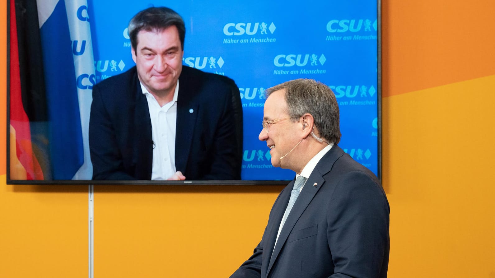 Markus Söder und Armin Laschet: Aufgrund der Corona-Pandemie wurde Söder aus Nürnberg virtuell hinzugeschaltet.