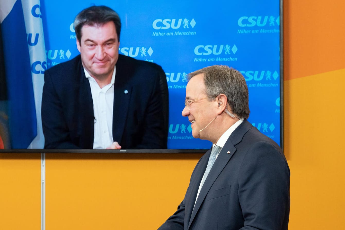 Markus Söder und Armin Laschet: Aufgrund der Corona-Pandemie wurde Söder aus Nürnberg virtuell hinzugeschaltet.