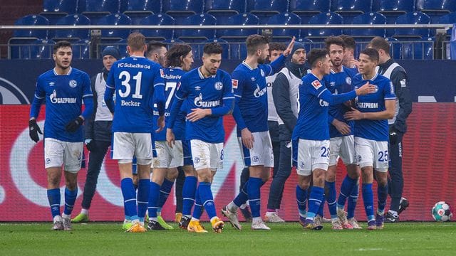 Die Schalker Spieler bejubeln das erlösende Tor zum 1:0 gegen die TSG Hoffenheim. Die Schalker Spieler bejubeln das erlösende Tor zum 1:0 gegen die TSG Hoffenheim.
