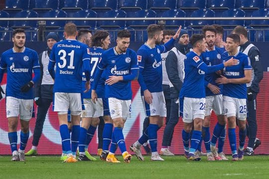 Die Schalker Spieler bejubeln das erlösende Tor zum 1:0 gegen die TSG Hoffenheim.