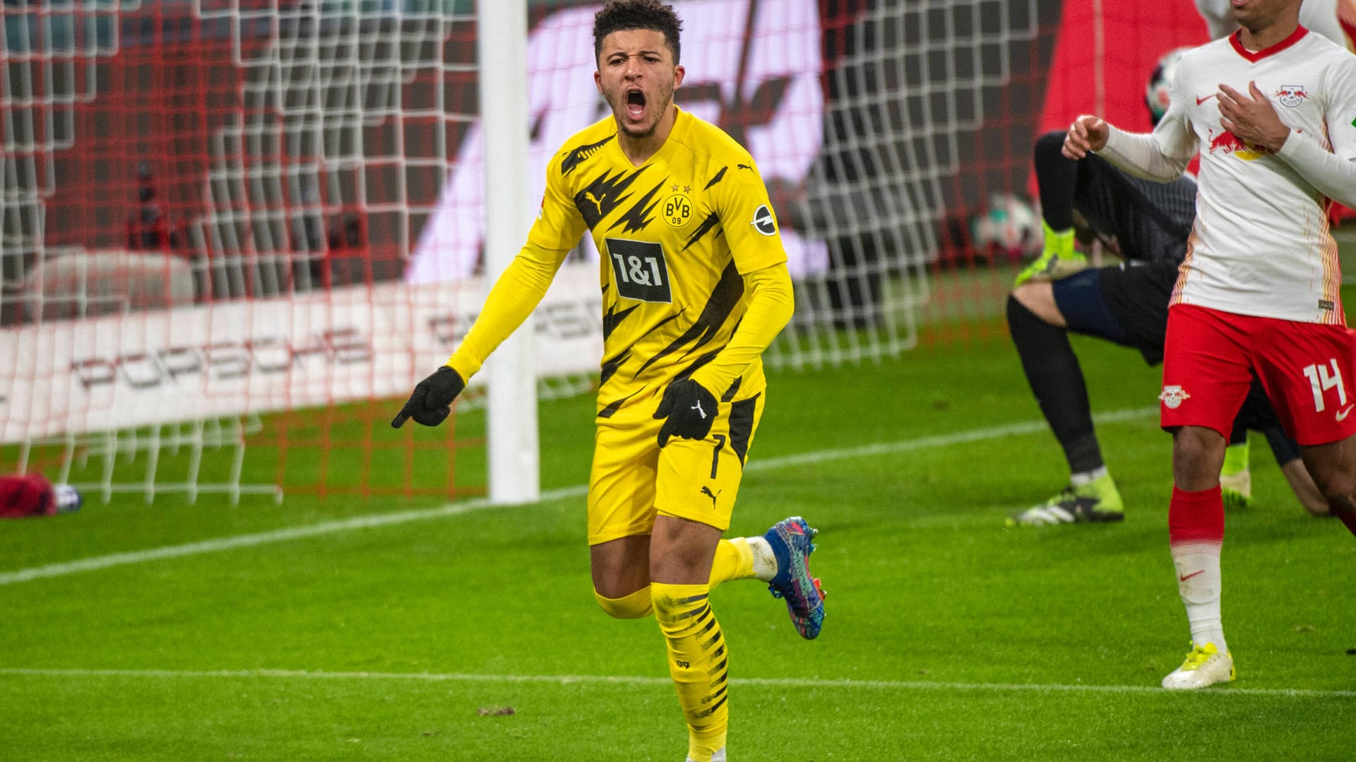 Starke Leistung gegen Leipzig: Jadon Sancho beim Torjubel gegen die Sachsen. Starke Leistung gegen Leipzig: Jadon Sancho beim Torjubel gegen die Sachsen.