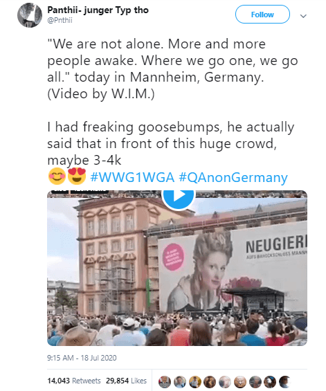 QAnon-Ruf von der Querdenker-Bühne in Mannheim: Das Video aus Mannheim wurde auf Twitter bis in die zweite Dezemberhälfte weit über eine Millionen Mal angesehen. Inzwischen ist der Account gelöscht.