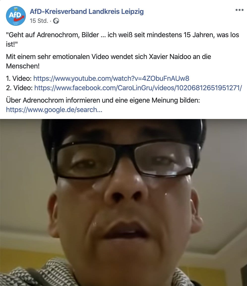 Zum Heulen: Die AfD Leipzig verbreitet Xavier Naidoo mit dem absurden Verschwörungsmythos, es würden zur Adrenochrom-Gewinnung massenhaft Kinder unterirdisch gefangen gehalten.