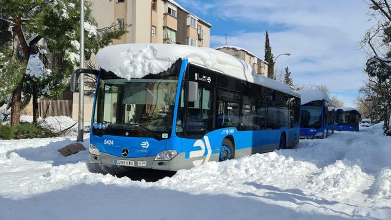 Busse des öffentlichen Nahverkehrs (EMT) stehen zugeschneit auf einer Straße in Madrid.