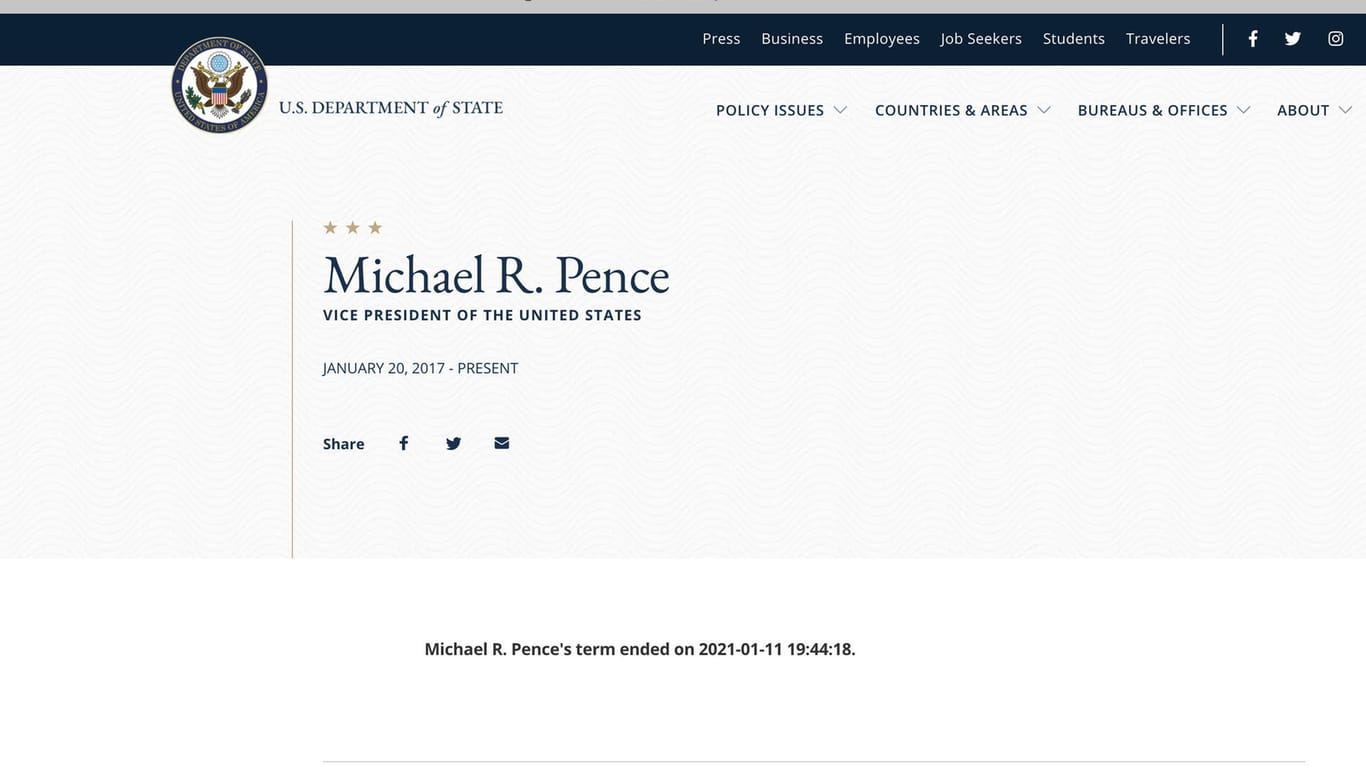 Die Website von Vizepräsident Pence des US-Außenministeriums: Die Daten zu seiner Amtszeit wurden geändert.