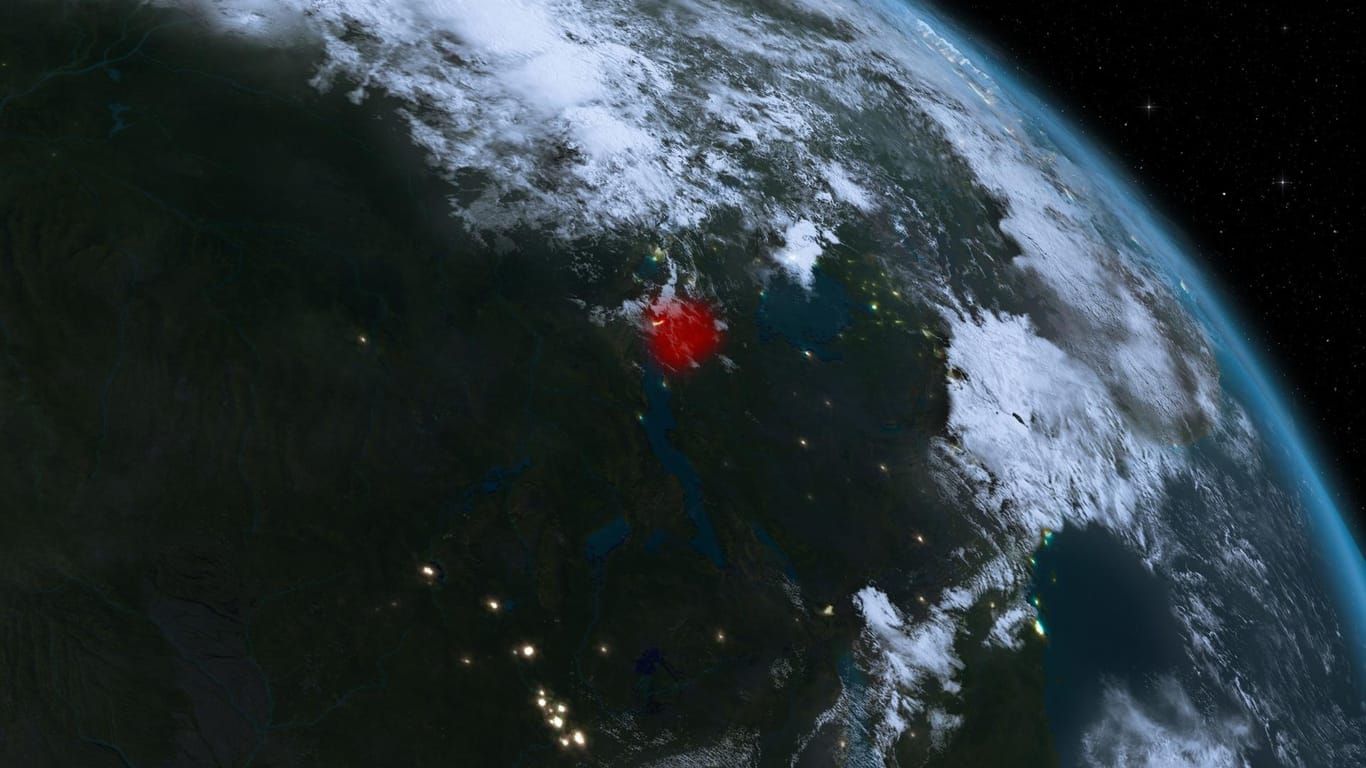 Blick auf dem Weltraum auf die Erde, Burundi in Afrika rot markiert.