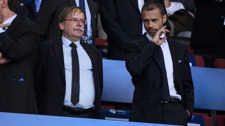 Uefa-Präsident Aleksander Ceferin (r.) mit DFB-Vize Rainer Koch im Juni 2019: Aktuell hält der Verband an seinen EM-Plänen fest.