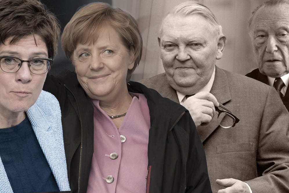 Annegret Kramp-Karrenbauer, Angela Merkel, Ludwig Erhard und Konrad Adenauer (v.l.): Manche führten die CDU sehr lange Zeit, andere überaus kurz.