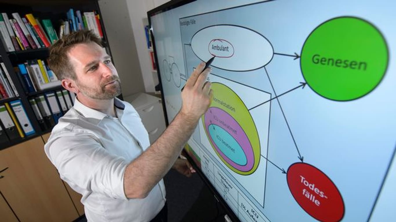 Der Saarbrücker Pharmazie-Professor Thorsten Lehr steht vor einem Bildschirm mit einer von ihm entwickelten Simulation der Corona-Entwicklung.