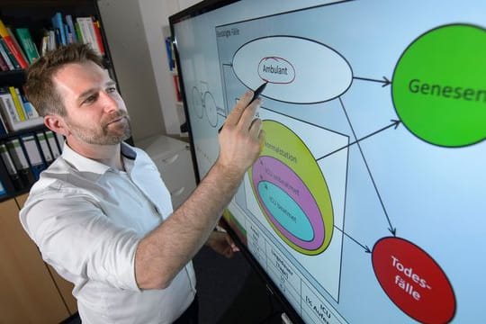 Der Saarbrücker Pharmazie-Professor Thorsten Lehr steht vor einem Bildschirm mit einer von ihm entwickelten Simulation der Corona-Entwicklung.