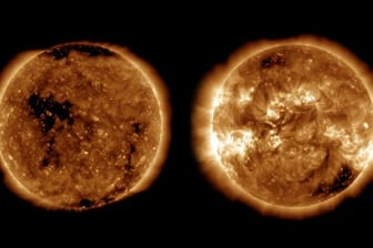 Aufnahmen der Sonne in einem Aktivitätsminimum (links, Oktober 2019) und bei einem Aktivitätsmaximum (rechts, April 2014).