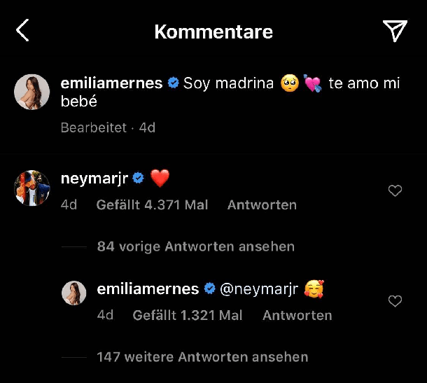 Emilia antwortete auf Neymars Kommentar.