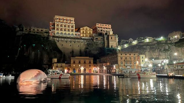 Der Kadaver eines Riesenwals liegt im Hafenbecken von Sorrento. Der Kadaver eines Riesenwals liegt im Hafenbecken von Sorrento.