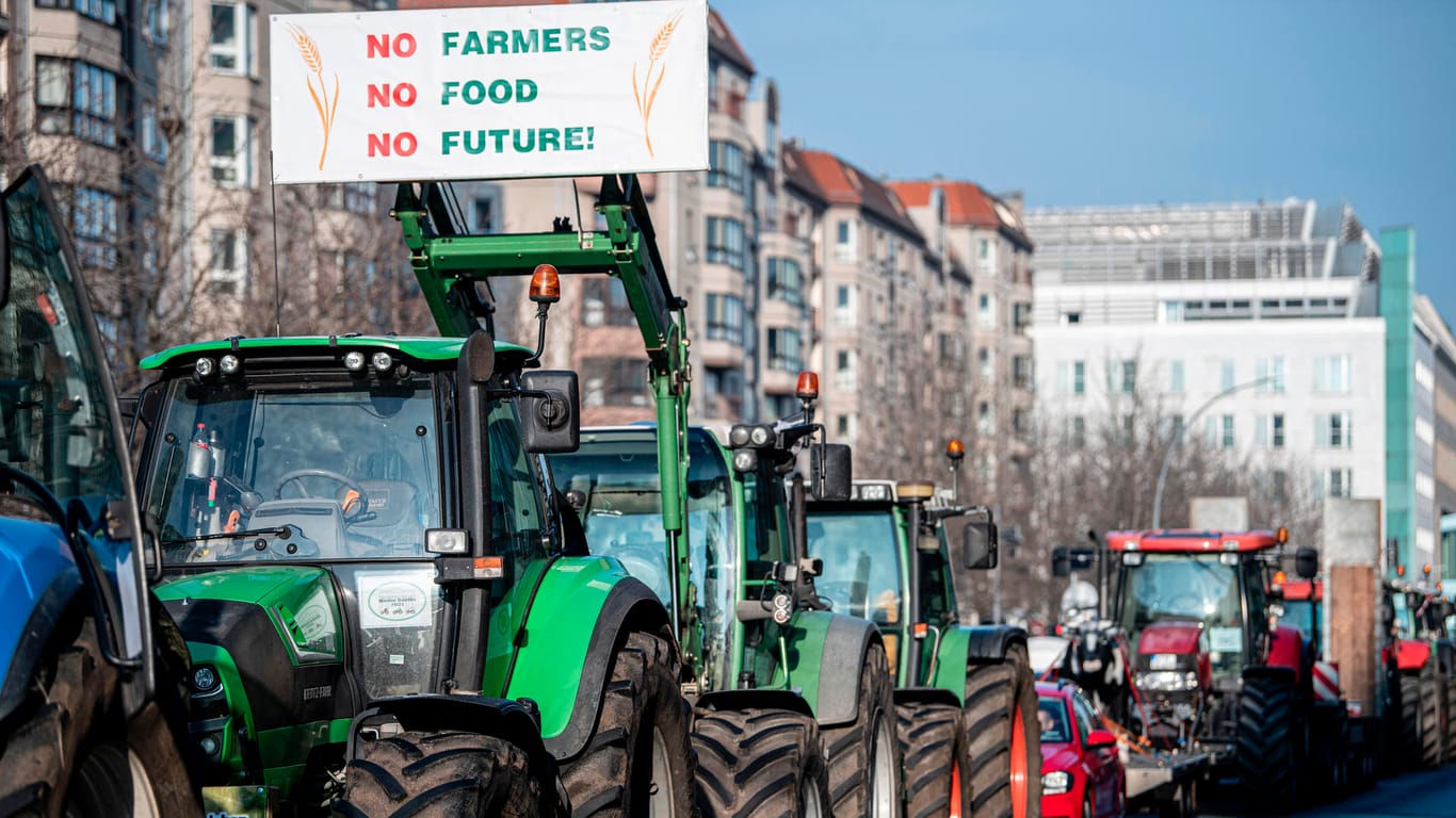 Auf einem steht ein Banner mit der Aufschrift "No Farmers, No Food, No Future!": Die Landwirte demonstrieren vor mehreren Bundesministerien.