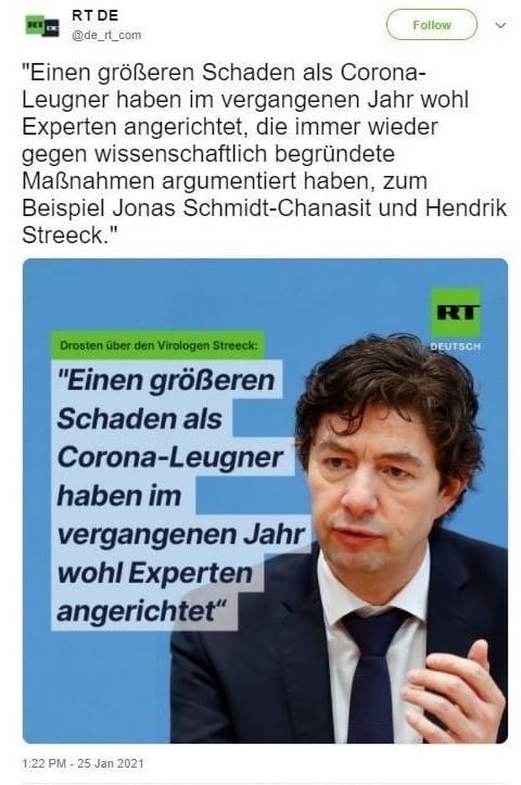 Der ursprüngliche Tweet von "RT DE" über Christian Drosten.